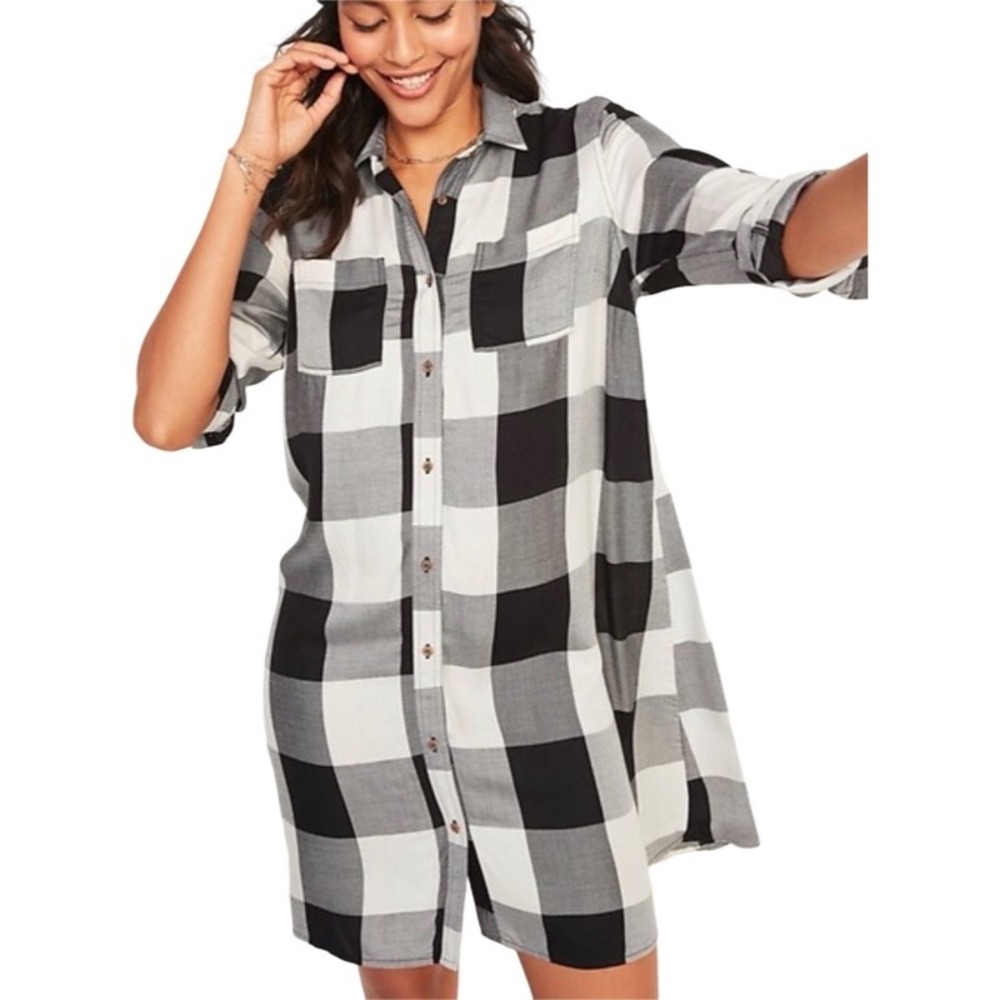New Old Navy Black White Buffalo Plaid Shirt Dress Swing Mini S 90s Grunge Fall